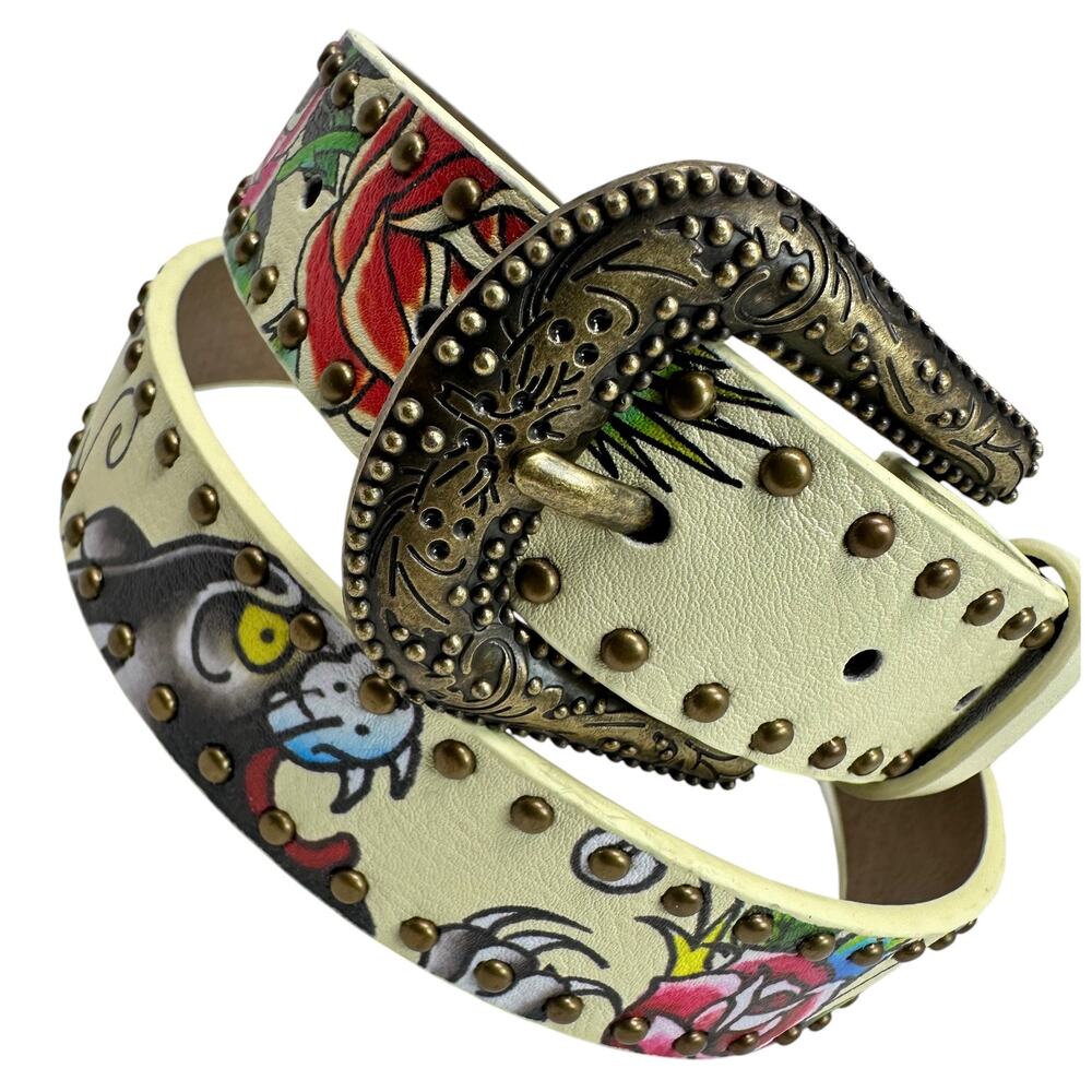 Ed Hardy Women's Rivet Studded Printed Cream Belt - Picture 2 of 5